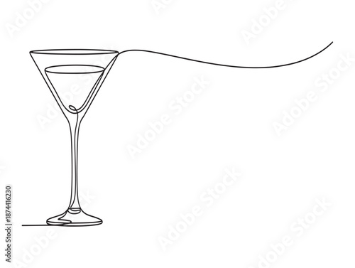 A black and white line drawing of a martini glass with a splash of liquid