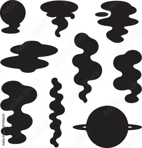 Black silhouettes of various abstract shapes on white background
