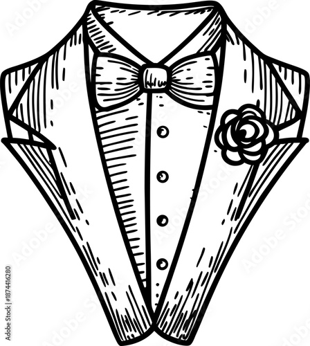 Elegant tuxedo jacket with bow tie and boutonniere in detailed hand drawn