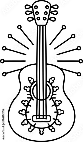 acoustic guitar drawing with decorative rosette and sound vibrations illustration