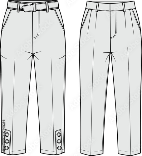 Women tailored trousers technical drawing, front and back view, fashion cad flat vector illustration for apparel design template