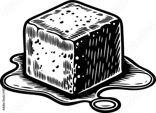 Melting ice cube with water puddle beneath, detailed black and white sketch illustration