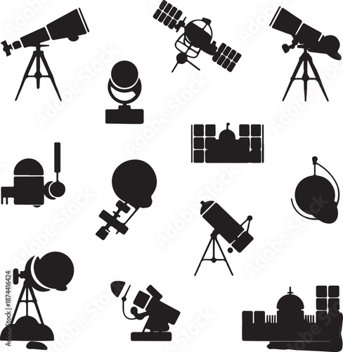 black silhouettes of various astronomy equipment and observatory buildings