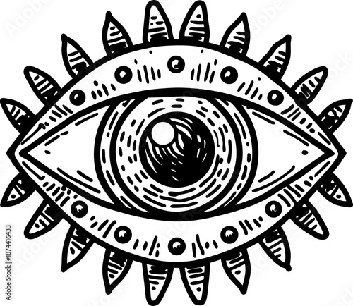 Hand drawn mystical eye illustration with decorative lashes and symbolic design elements