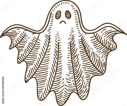 Hand drawn spooky ghost illustration with sad expression and flowing sheet design