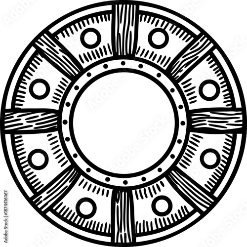 Circular viking shield with wood and metal design, ancient warrior protection weapon illustration