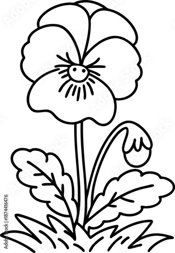 Pansy flower line art with leaves and bud on grassy ground, simple botanical drawing