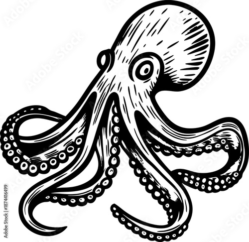 black and white octopus illustration with detailed tentacles and suction cups
