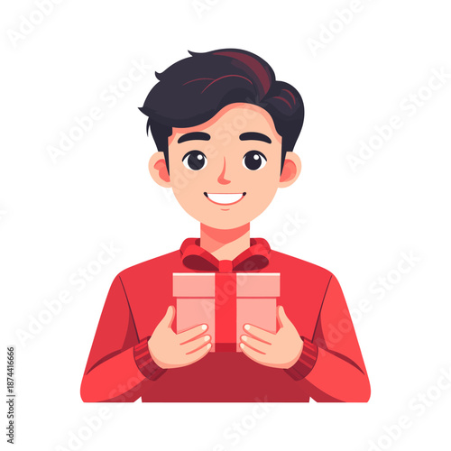 Young Man Smiling and Holding a Pink Gift Box with Red Ribbon