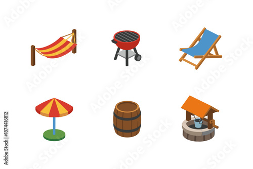 Summer backyard essentials: isometric icons set with hammock, grill, and deck chair