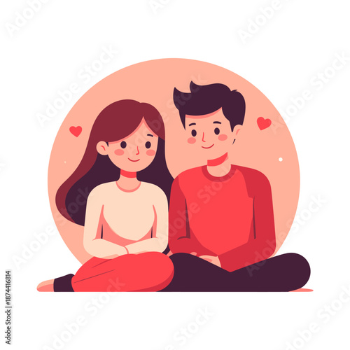 Sweet Loving Couple Sitting Together with Hearts, Celebrating Valentines Day