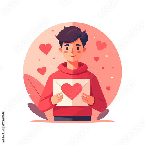 Smiling Man in Red Hoodie Holding a Romantic Heart Love Letter