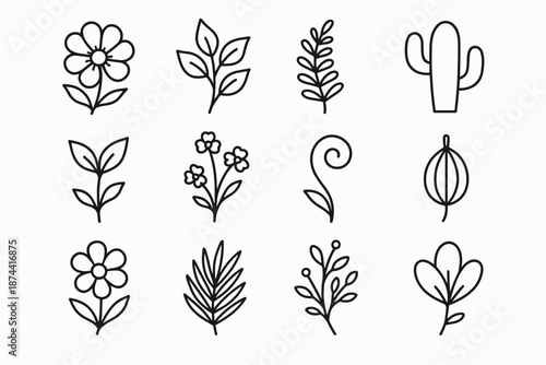 Floral Icons Display. Flora set in outline vector style: blooming flower, leafy stem, fern frond, cactus shape, budding sprout, wildflower cluster, vine curl,