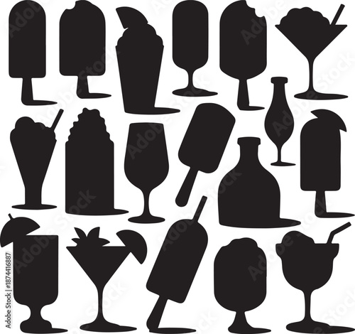 black silhouettes of various cold drinks and desserts on white background