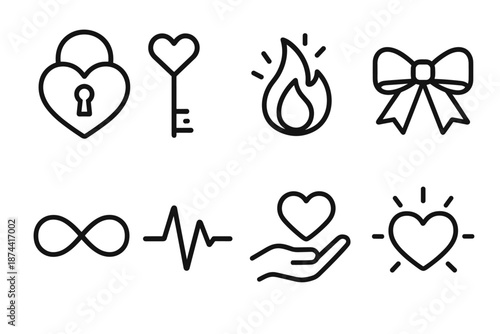 Valentine Icons Collection. Valentine’s Day Symbolic Communication set in outline vector style: heart lock, key of affection, glowing flame, promise ribbon,