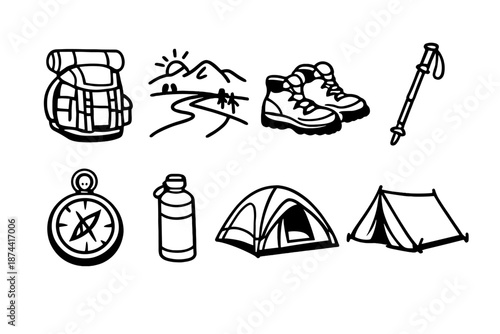 Hiking Essentials Icons. Hikingset in outline vector style backpack, trail, mountain, hiking boots, walking stick, compass, water bottle, tent
