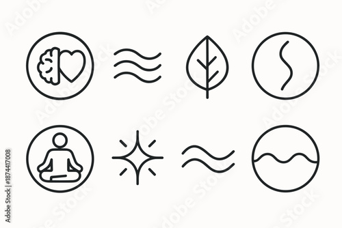 Mind-Body Balance Icons. Mind–Body Link set in outline vector style: centered circle, brain–heart icon, balanced breath, grounding leaf, flowing energy line,