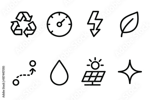 Eco Icons Set. Sustainable Operational Efficiency set in outline vector style: eco loop, resource meter, energy arrow, green leaf, optimized path, water droplet, solar line, sustainability spark
