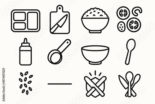 Meal Prep Icons. Meal Prep set in outline vector style: portion containers, chopping block, sharp knife, grain bowl, veggie slices, drizzle bottle, measuring