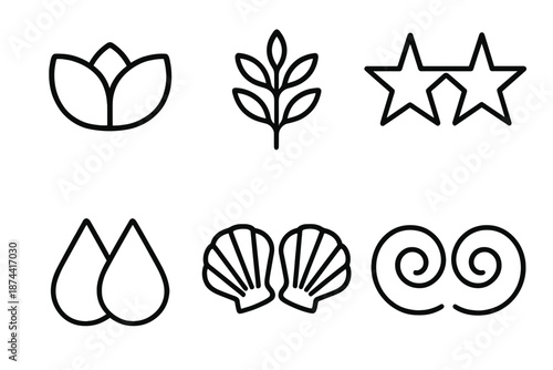 Twin Motifs Symmetry. Twin Motifs set in outline vector style : double petals, symmetric branches, twin stars, paired droplets, mirrored shells, dual swirls