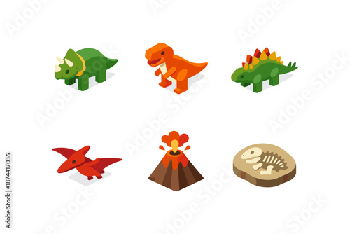 Colorful dinosaur isometric icons with volcano and fossil elements