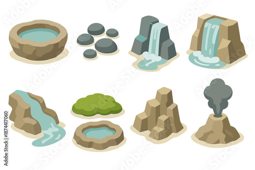 Isometric Rock Feature Icons. Rock Basin Natural Features set in isometric flat vector : stone basin, pebble cluster, waterfall, flowing stream, moss patch, mineral pool, rock formation, thermal vent