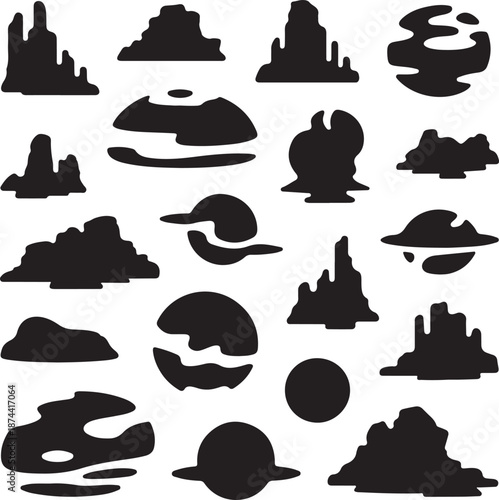 black silhouettes of various fantasy landscapes and rock formations