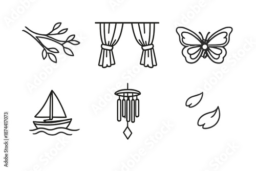 Simple Icon Collection. Breezeset in outline vector style Tree Branch, Curtain, Butterfly, Sailboat, Wind Chime, Petal
