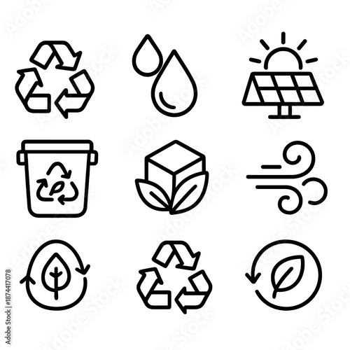 Sustainable Icons Collection. Clean Sustainable Environment set in outline vector style: renewable cycle arrows, rainwater droplet, solar panel, wind swirl,
