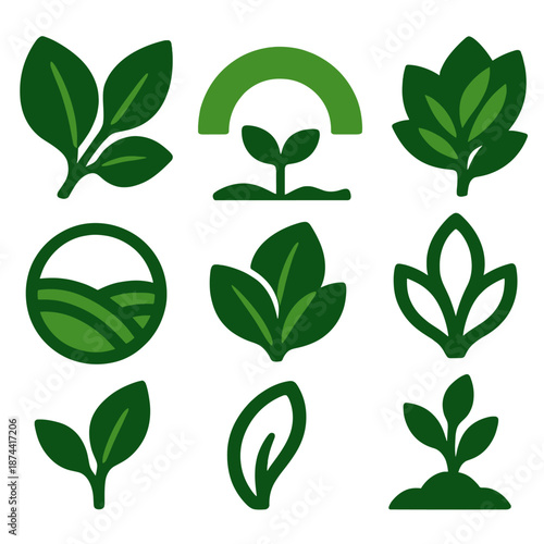 Brutalist Botanical Icons. Verdant Field icon set in silhouette bold style. Contain lush leaf set, green crest arc, meadow sprout, layered foliage, peaceful