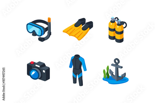 Diving equipment icons: snorkel, flippers, oxygen tanks, camera, wetsuit, anchor in isometric style
