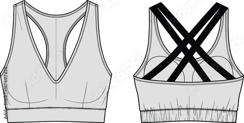 Women's V Neck Sports Bra Technical Flat Sketch Vector Illustration Showing Front and Back Views with Criss Cross Straps for Activewear Fashion Design Development