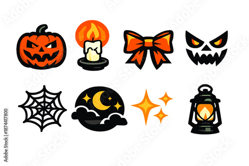 Brutalist Pumpkin Icons. Decorative pumpkin icon set in silhouette bold style. Contain carved jack-o’-lantern, candle glow, ribbon bow, spooky face, cobweb accent, night sky, sparkles, lantern icon