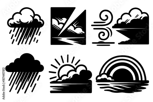 Stormy Icon Array. Dramatic Atmospheric Mood set in outline vector style: storm cloud, bold light beam, swirling gust, dark horizon, sharp shadow line, rain streak, glowing break, dynamic arc