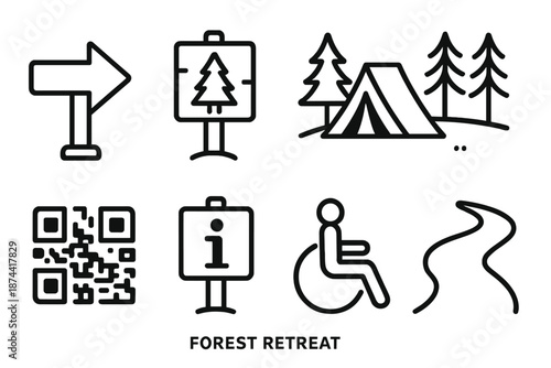 Forest Trail Signage. Forest Retreat Signage & Guidance set in outline vector style : directional arrow, trail marker, campsite sign, QR code tile, warning icon