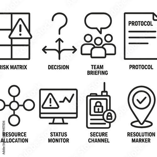Crisis Management Icons. Organizational Crisis Handling set in outline vector style: risk matrix, decision arrows, team briefing bubble, protocol document,