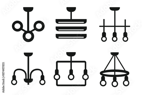 Geometric Modern Chandeliers. Modern chandeliers icon set in silhouette bold style. Contain geometric chandelier, LED strips, sleek arms, suspended bulbs, minimalist frame, soft illumination