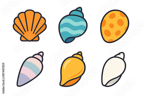 Vibrant Shell Icons. Coastal decoration shells vector set in modern flat style : decorative shell, striped shell, spotted shell, pastel shell, golden shell, white shell