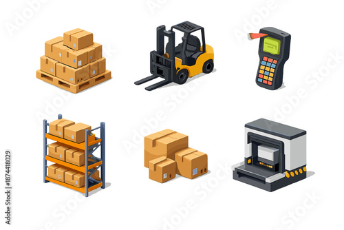 Warehouse Icons Collection. Warehouse operations set in isometric flat vector : pallet stack, forklift truck, inventory scanner, rack system, packaged goods, loading dock