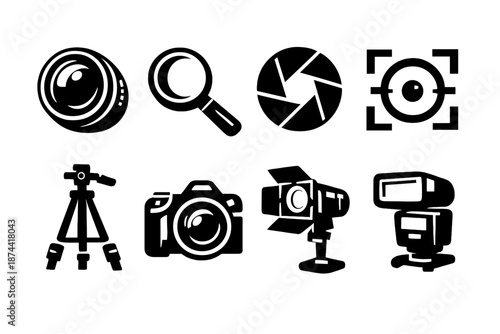 Bold Camera Icons. Lens icon set in silhouette bold style. Contain camera lens, magnifying glass, aperture, focus ring, shutter, tripod, DSLR camera, light