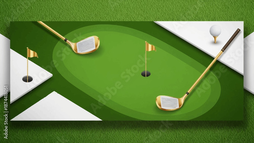 Golf Putting Green with Clubs and Flags.