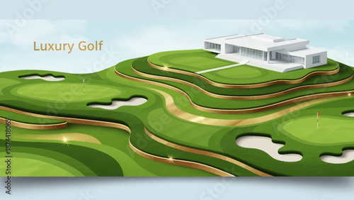 Luxury Golf Course with Modern Mansion on Hilltop.