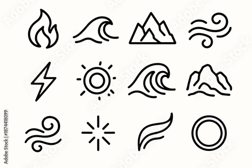 Elemental Icons Display. Natural Elements set in outline vector style: flame flicker, current wave, rocky ridge, wind ribbon, electric streak, molten core, tide