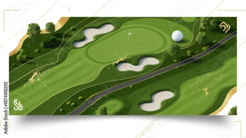Aerial View of a Golf Course Hole with Sand Traps and Green.