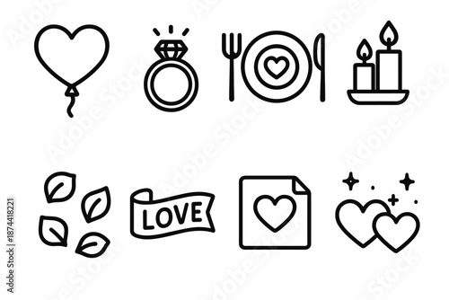 Valentine's Icon Set. Valentine’s Day Romance set in outline vector style: heart-shaped balloon, sparkling ring icon, romantic dinner plate, candle duo, flower