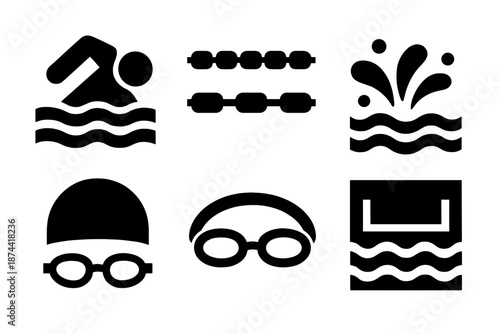 Swimming Icons Collection. Swimming activity icon set in silhouette bold style. Contain swimmer freestyle, pool lane lines, splash water, swim cap, goggles, finish wall