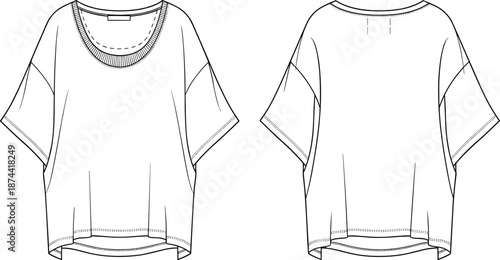 Women's, oversized, t-shirt, fashion, technical, flat, sketch, scoop, neck, drop, shoulder, apparel, design, template, vector, illustration, front, back, view, streetwear