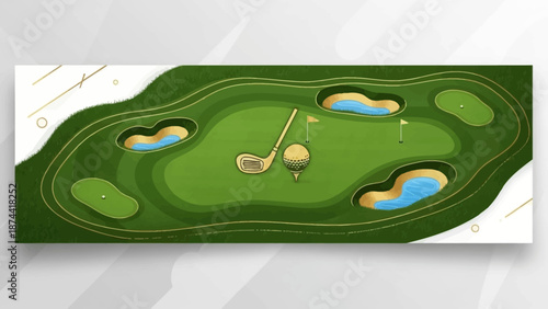 Top View Golf Course Green with Club and Ball.