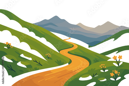 Vibrant Panorama Trail. Panorama Trail vector set in modern flat style : winding hillside trail, distant mountain silhouettes, soft shadow bands, gentle
