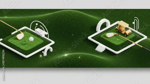 Golf Course Miniature Display with Golf Clubs and Ball.